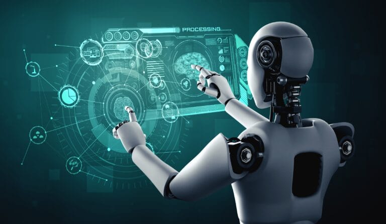 AI humanoid robot touching virtual hologram screen showing conce