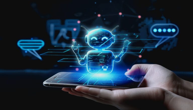 Hand holding smartphone showing glowing AI chatbot with digital circuit background.